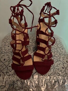 Women's Lace-Up Strappy High Heel Sandals - Burgundy